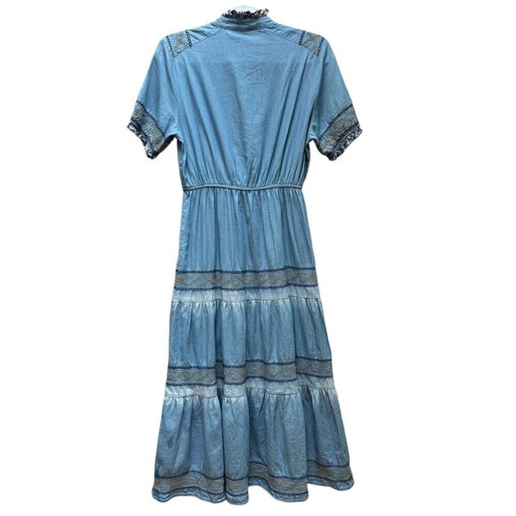 Red + Olive Bohemian Midi Dress Embroidered Details Ruffled Trim Cottage Size M - Picture 5 of 9